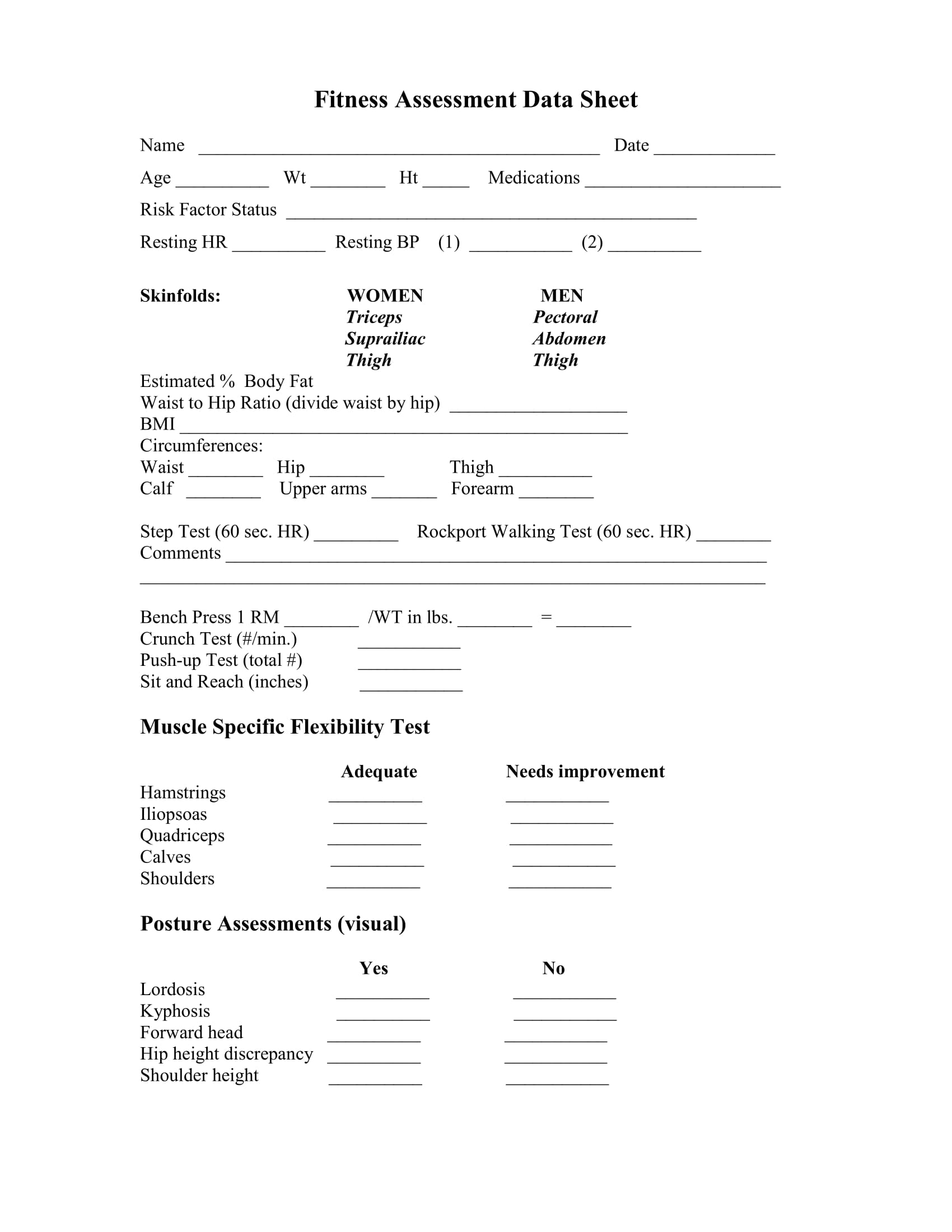 Fitness assessment forms for personal trainers
