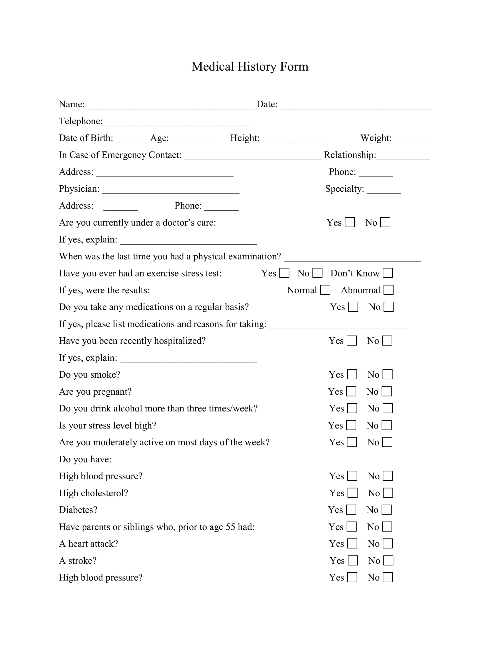 Medical history form for personal trainers you can print in pdf or word format.