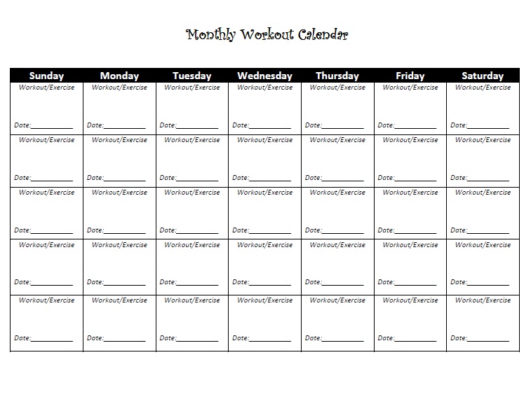 Printable exercise calendar.