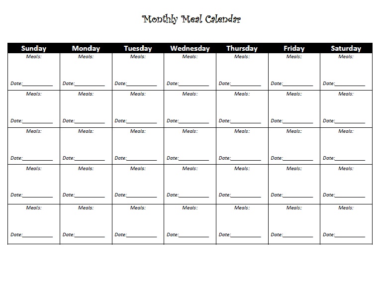 Printable monthly meal calendar template.