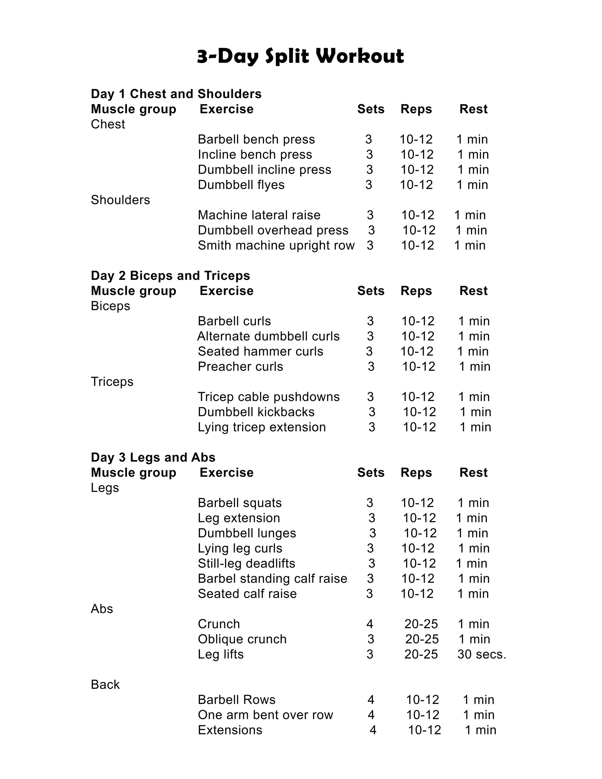 3 day split workout chart you can download and print.