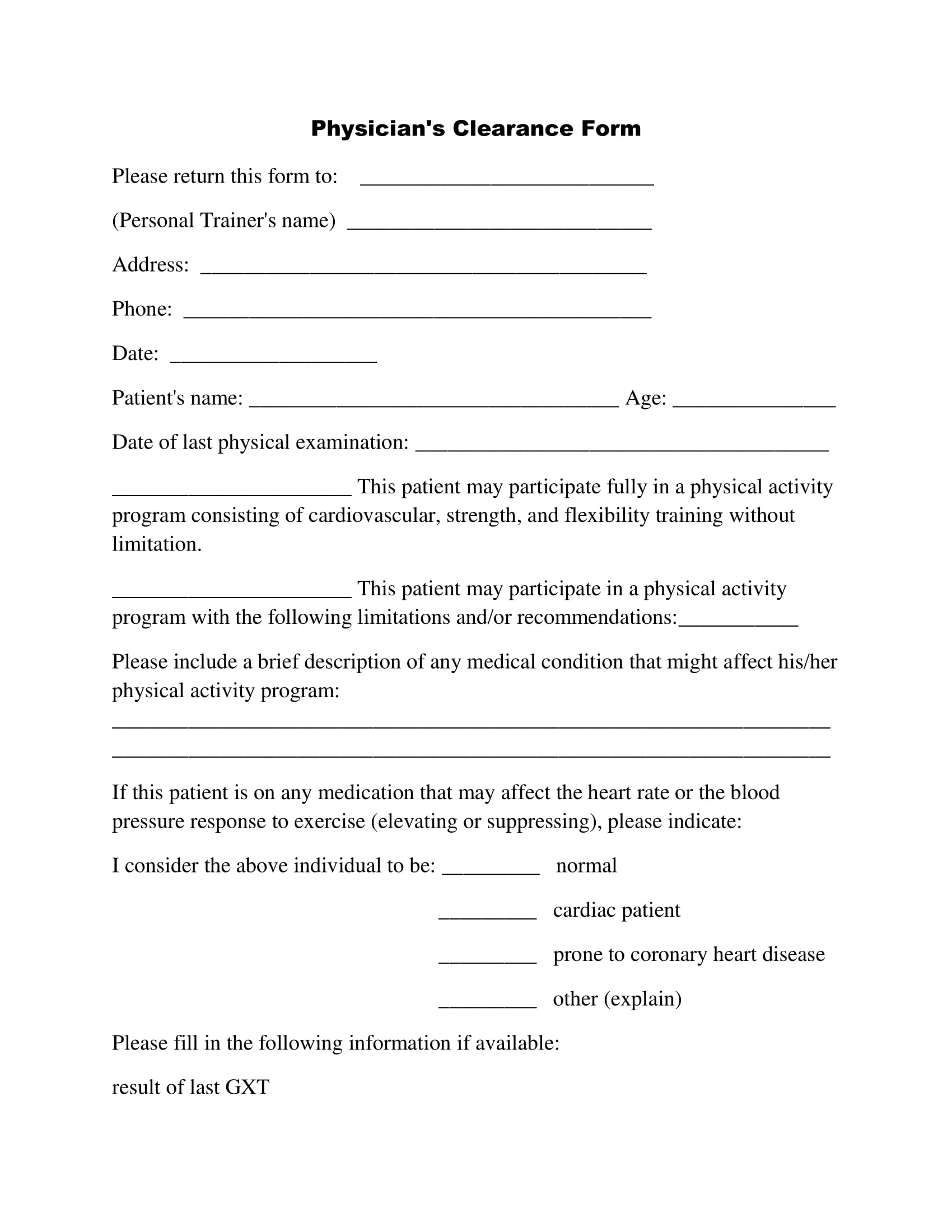 Physician clearance for for personal trainers you can download, edit and print.