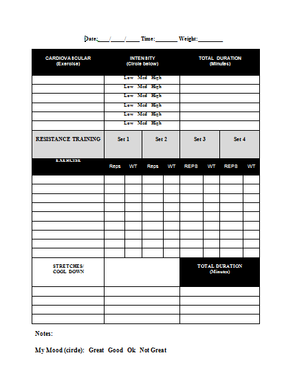 Cardio and resistance training log sheet you can print for free.