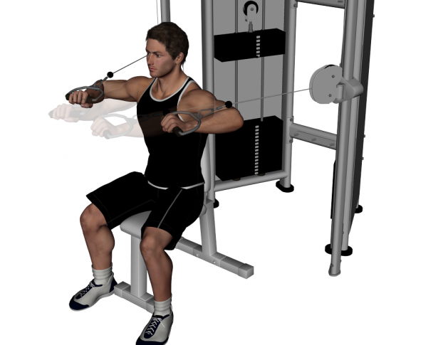 Illustration of chest exercise using a cable machine. 