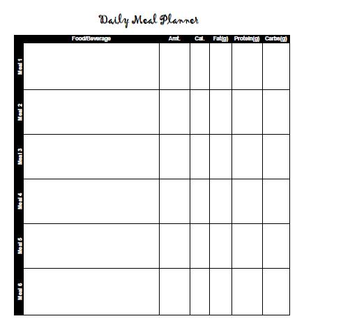 Sample meal plan sheet. 