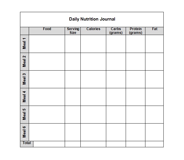 Daily nutrition journal log sheet