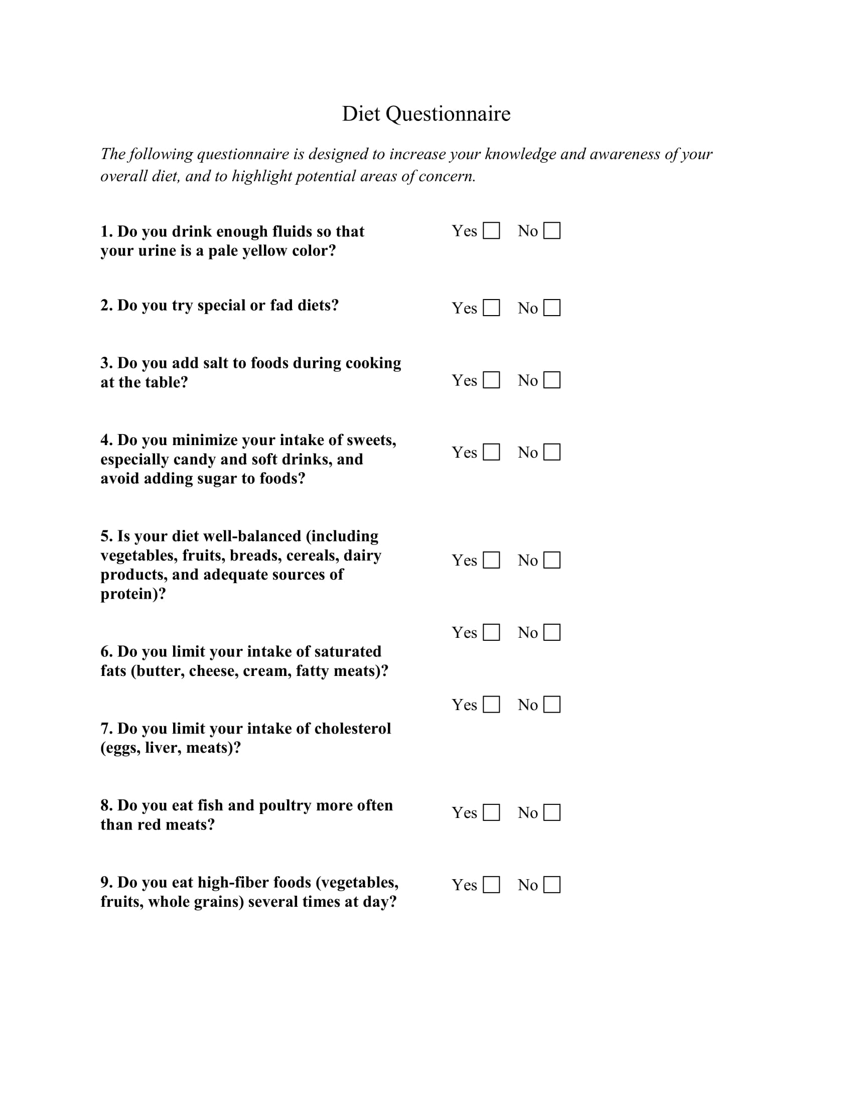 Diet questionnaire you can download and print for your clients.