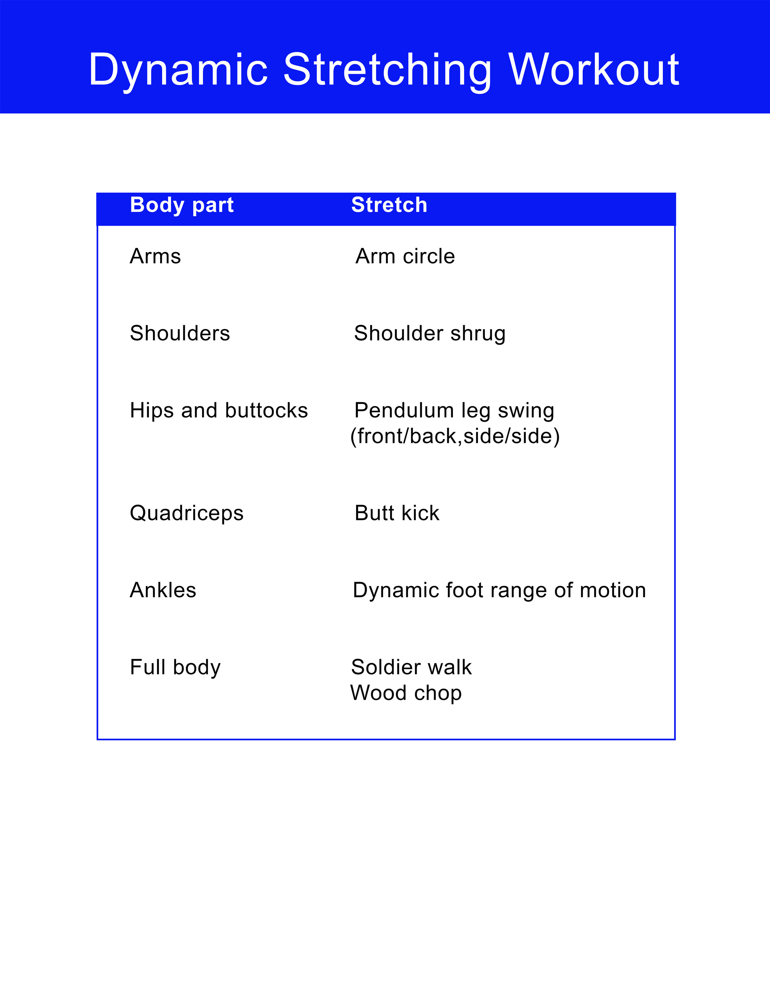 Dynamic stretches exercise chart you can download and print.