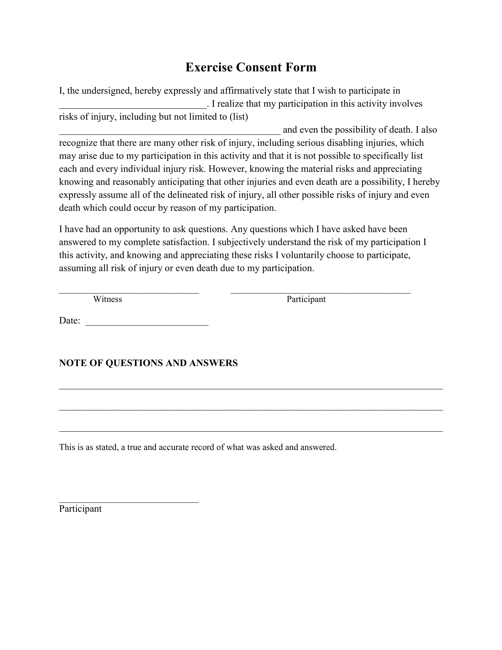 Exercise consent form you can download and print.