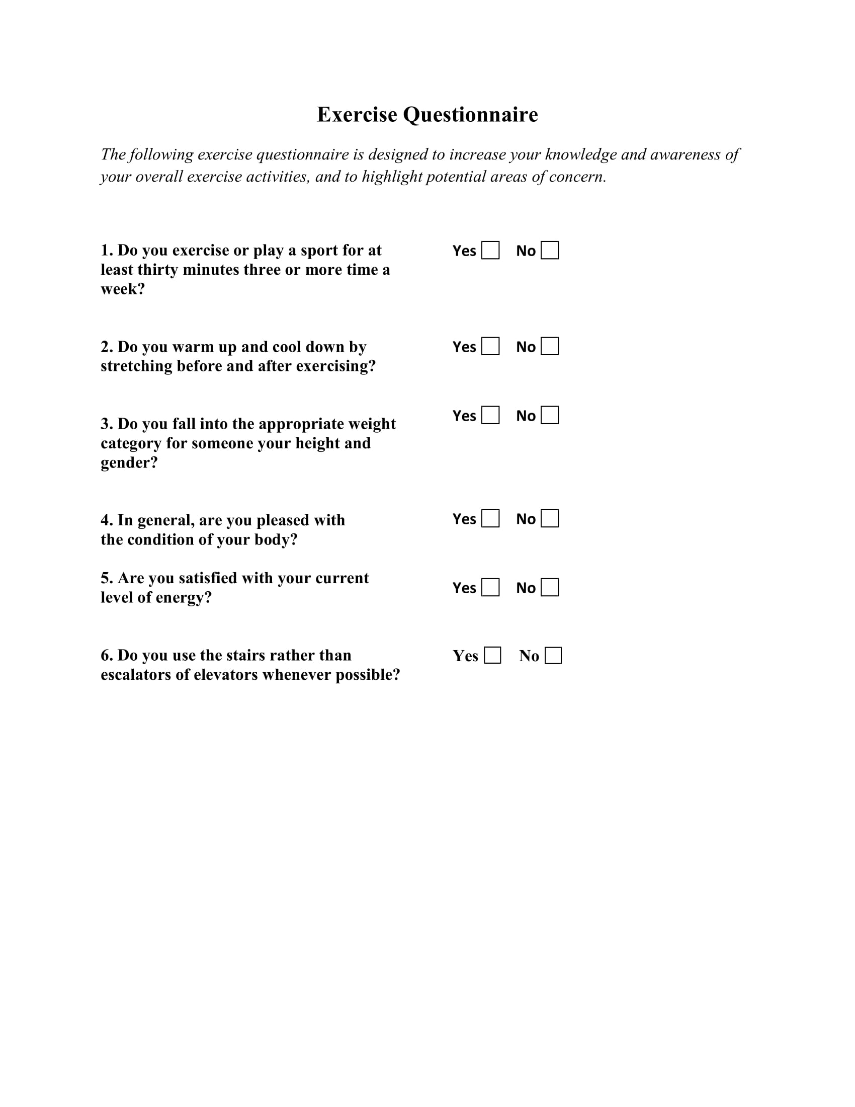 Printable exercise questionnaire for personal trainers to give to their clients.