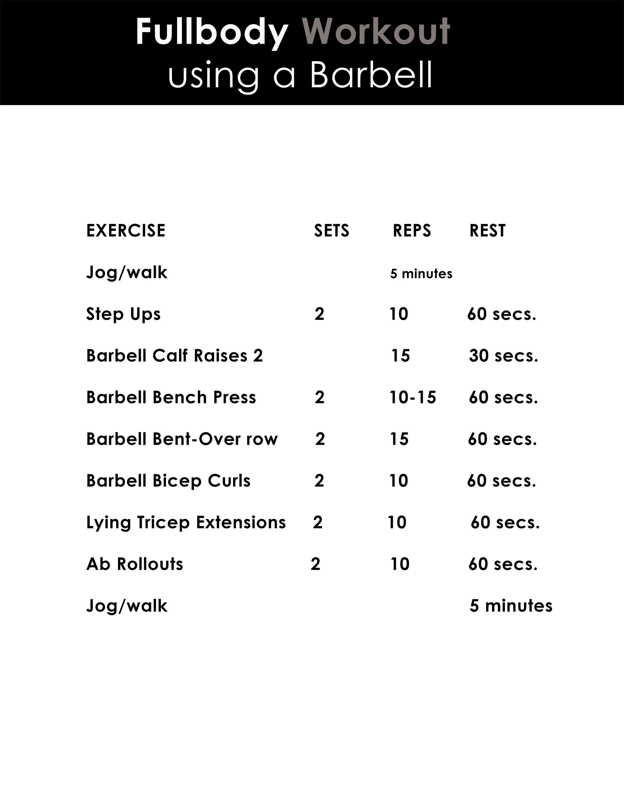 Fullbody barbell workout you can download and print.