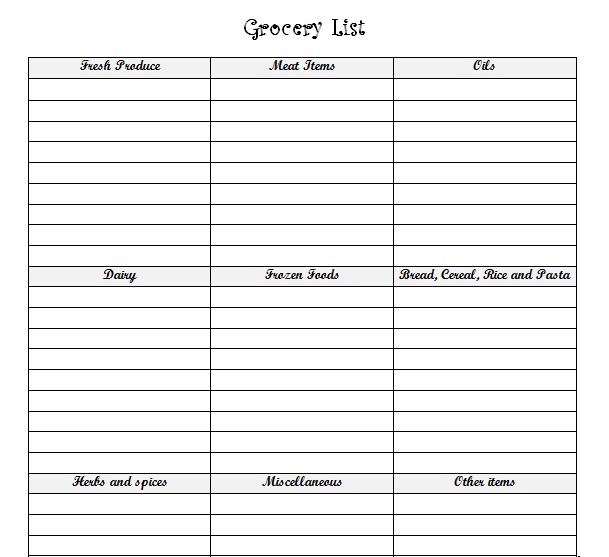 Grocery list sheet that has food type categories.