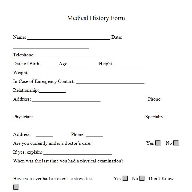 Medical history form for personal trainers.