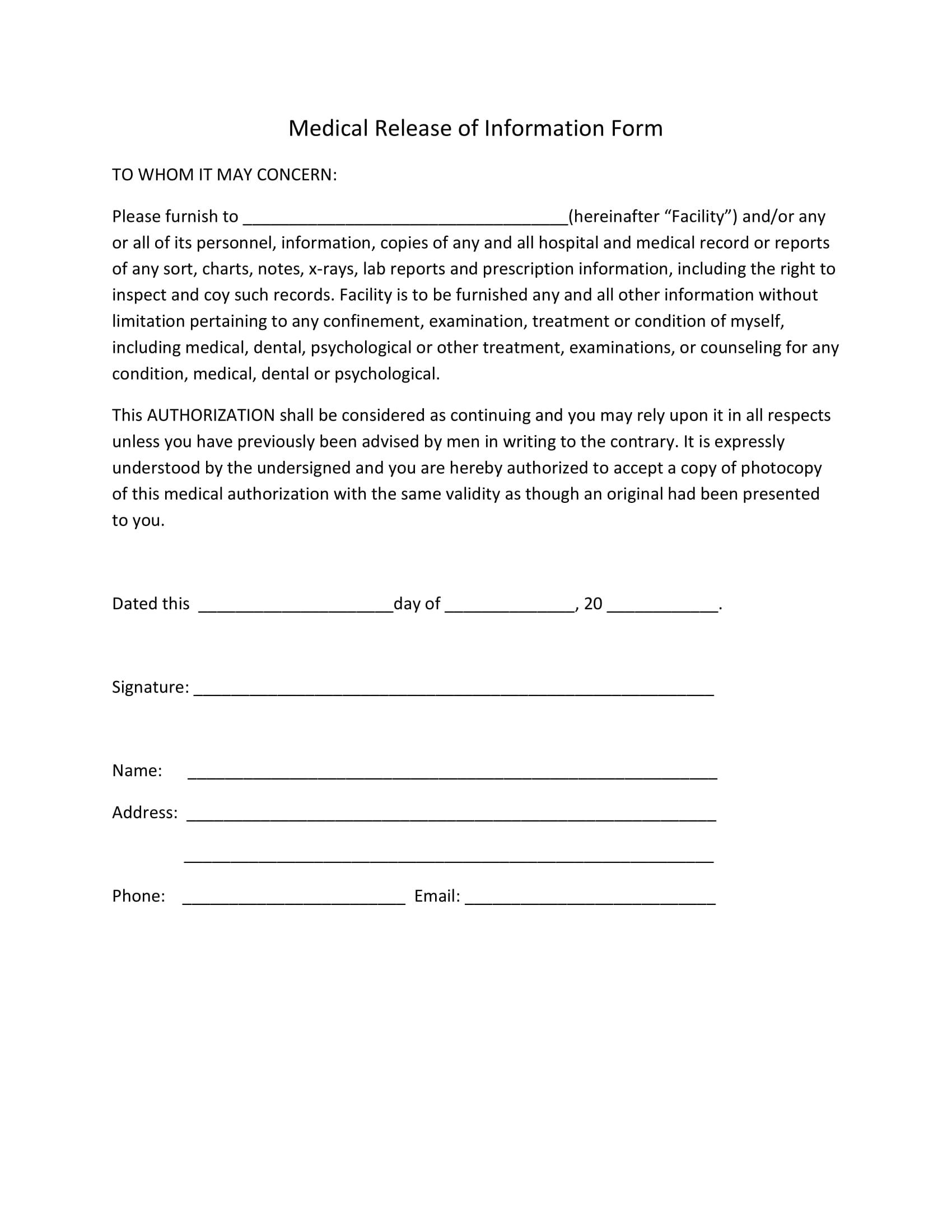 Medical Release of Information Form for Personal Trainer