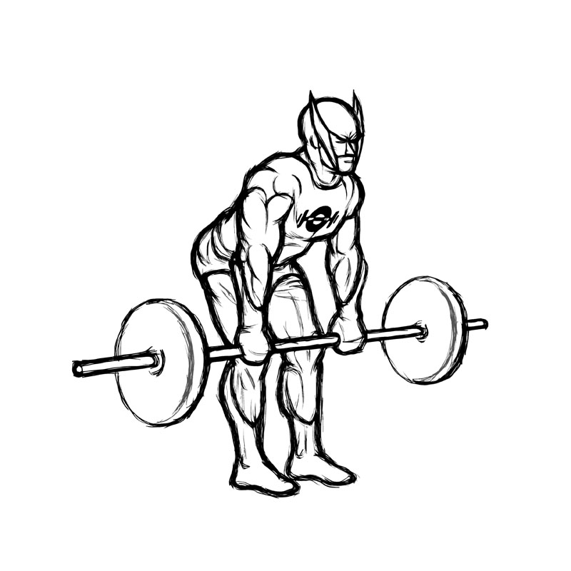 Illustration of male doing bent over rows using a barbell.