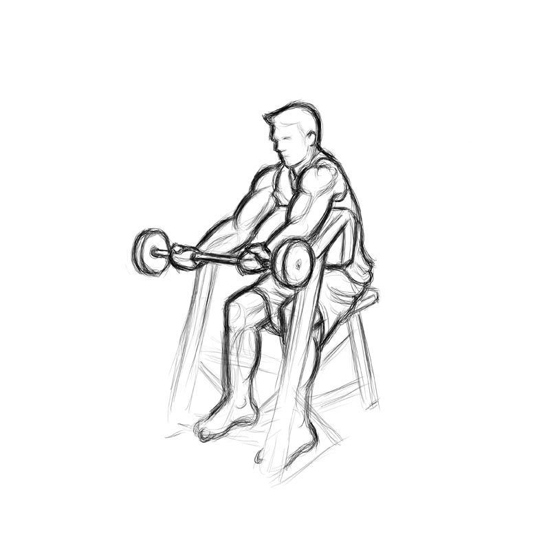 Illustration of male doing preacher curls with a barbell