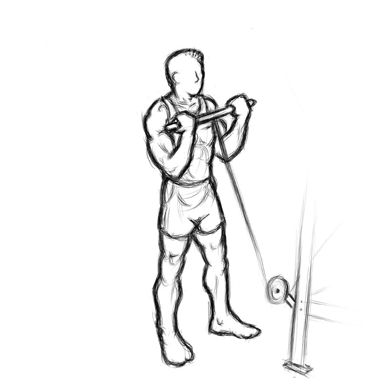 Illustation of man doing bicep curls using a cable pulley. Finish position.