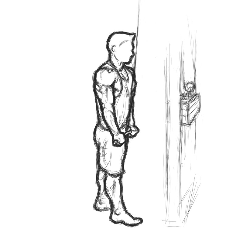 Illustration of man doing cable tricep pushdown from finish position.