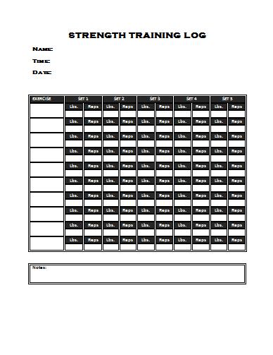 Printable Strength training log sheet 